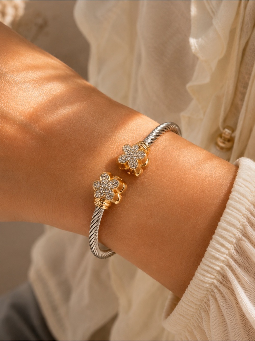 Two-Tone Crystal Clover Cuff Bracelet Luxury Statement Jewelry